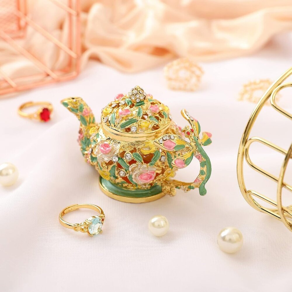 Cloisonne Tea Pot‎ Trinket Jewelry Box with Dragonfly Handle